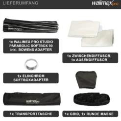Walimex pro Studio Parabolic Softbox 90cm + Elinchrom Adapter 15,2cm, 360°, Schirmfunktion, inkl. Grid, Maske, Bowens Adapter und Transporttasche, ideal für Porträts und Beauty-Aufnahmen