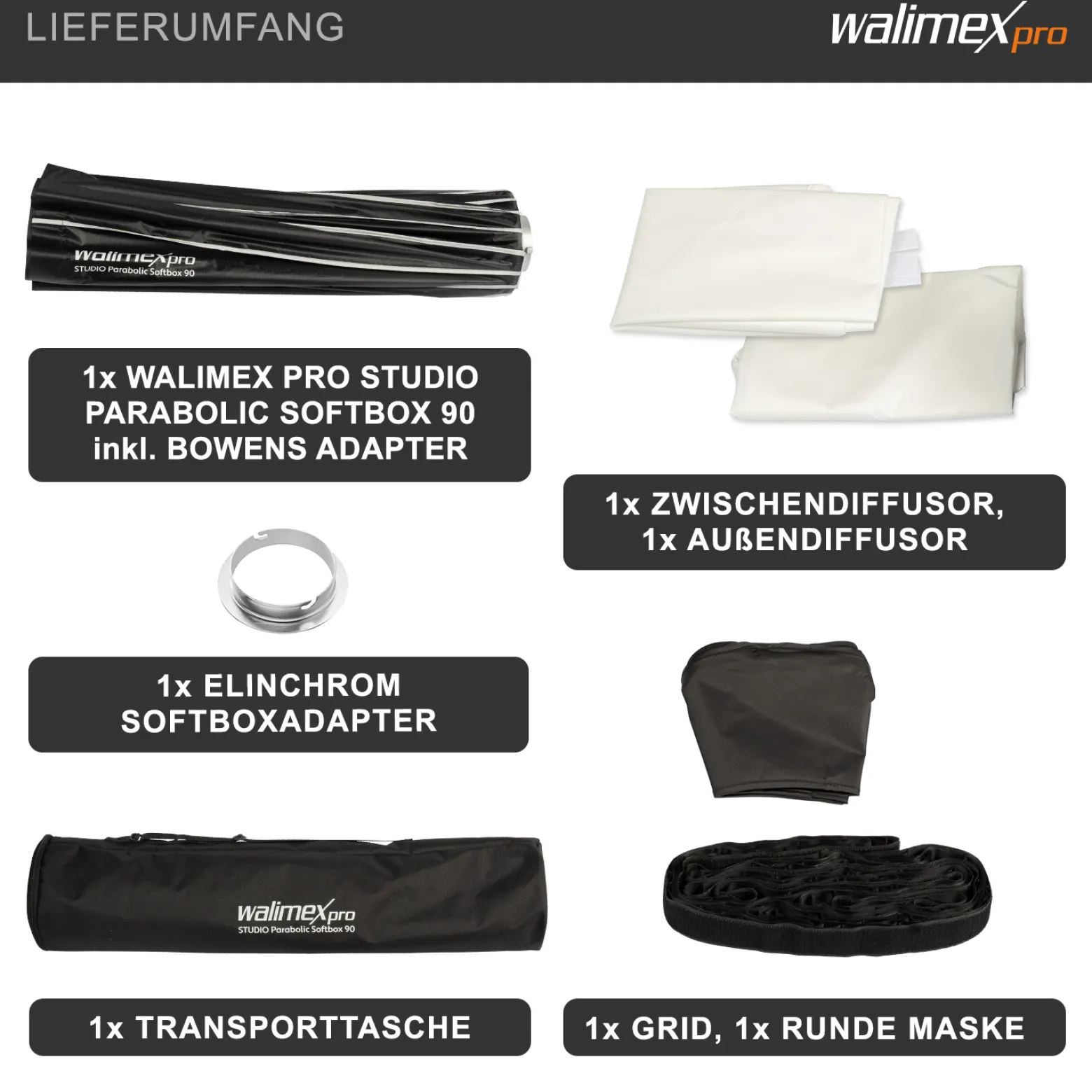 Walimex pro Studio Parabolic Softbox 90cm + Elinchrom Adapter 15,2cm, 360°, Schirmfunktion, inkl. Grid, Maske, Bowens Adapter und Transporttasche, ideal für Porträts und Beauty-Aufnahmen
