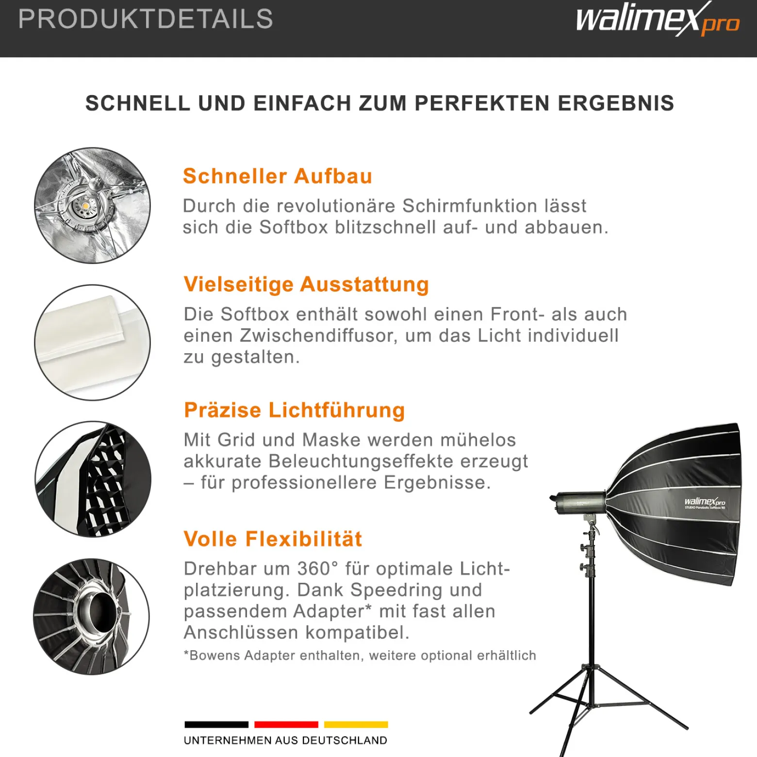 Walimex pro Studio Parabolic Softbox 90cm + Elinchrom Adapter 15,2cm, 360°, Schirmfunktion, inkl. Grid, Maske, Bowens Adapter und Transporttasche, ideal für Porträts und Beauty-Aufnahmen