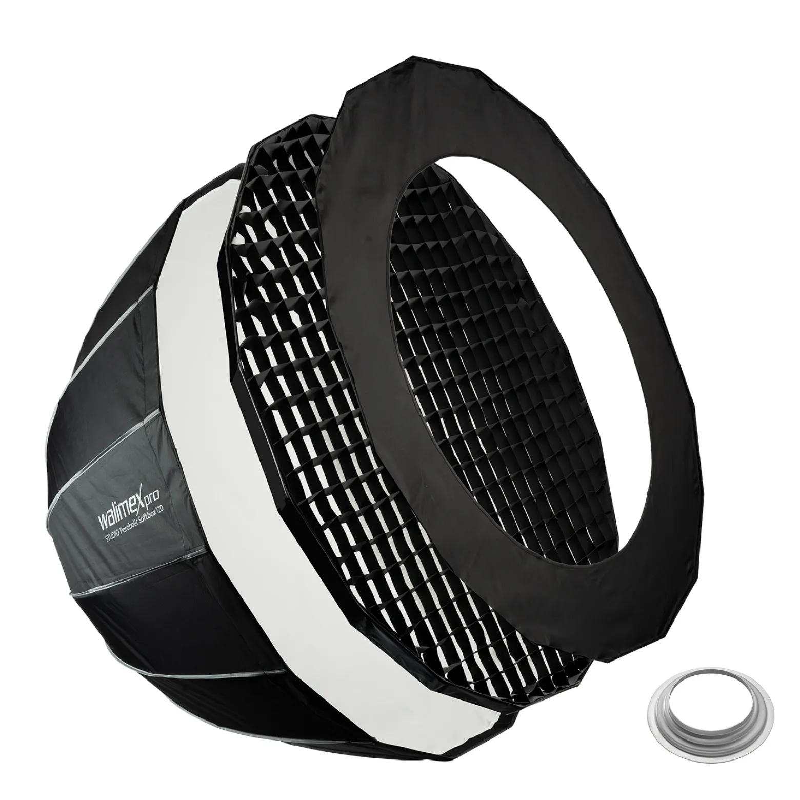 Walimex pro Studio Parabolic Softbox 120cm + Softboxadapter für Hensel Expert, um 360° drehbar, einfacher Aufbau dank Schirmfunktion, inkl. Grid, Maske, Bowens Adapter und Transporttasche