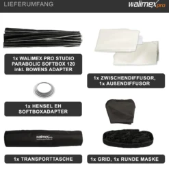 Walimex pro Studio Parabolic Softbox 120cm + Softboxadapter für Hensel Expert, um 360° drehbar, einfacher Aufbau dank Schirmfunktion, inkl. Grid, Maske, Bowens Adapter und Transporttasche