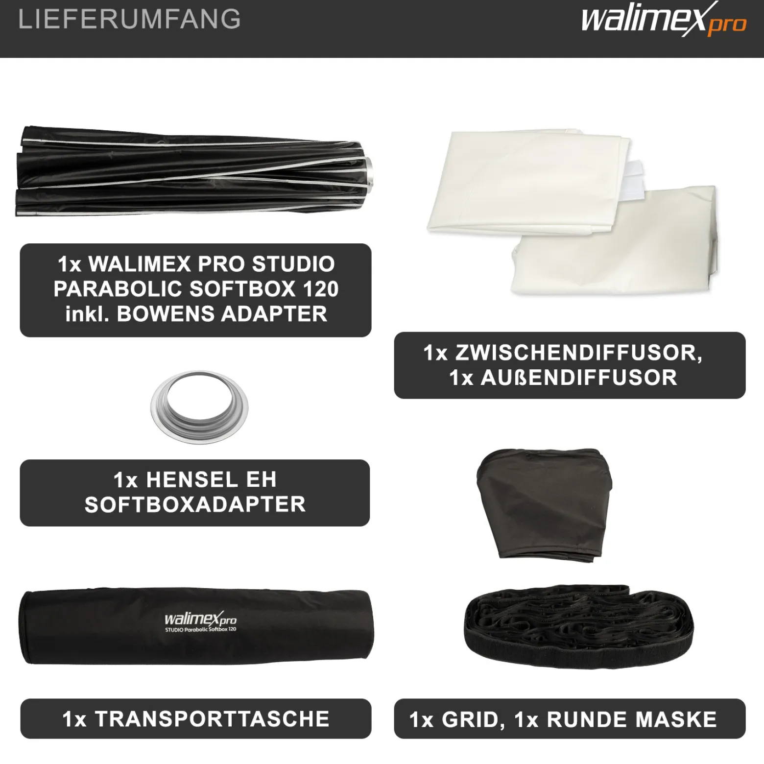 Walimex pro Studio Parabolic Softbox 120cm + Softboxadapter für Hensel Expert, um 360° drehbar, einfacher Aufbau dank Schirmfunktion, inkl. Grid, Maske, Bowens Adapter und Transporttasche