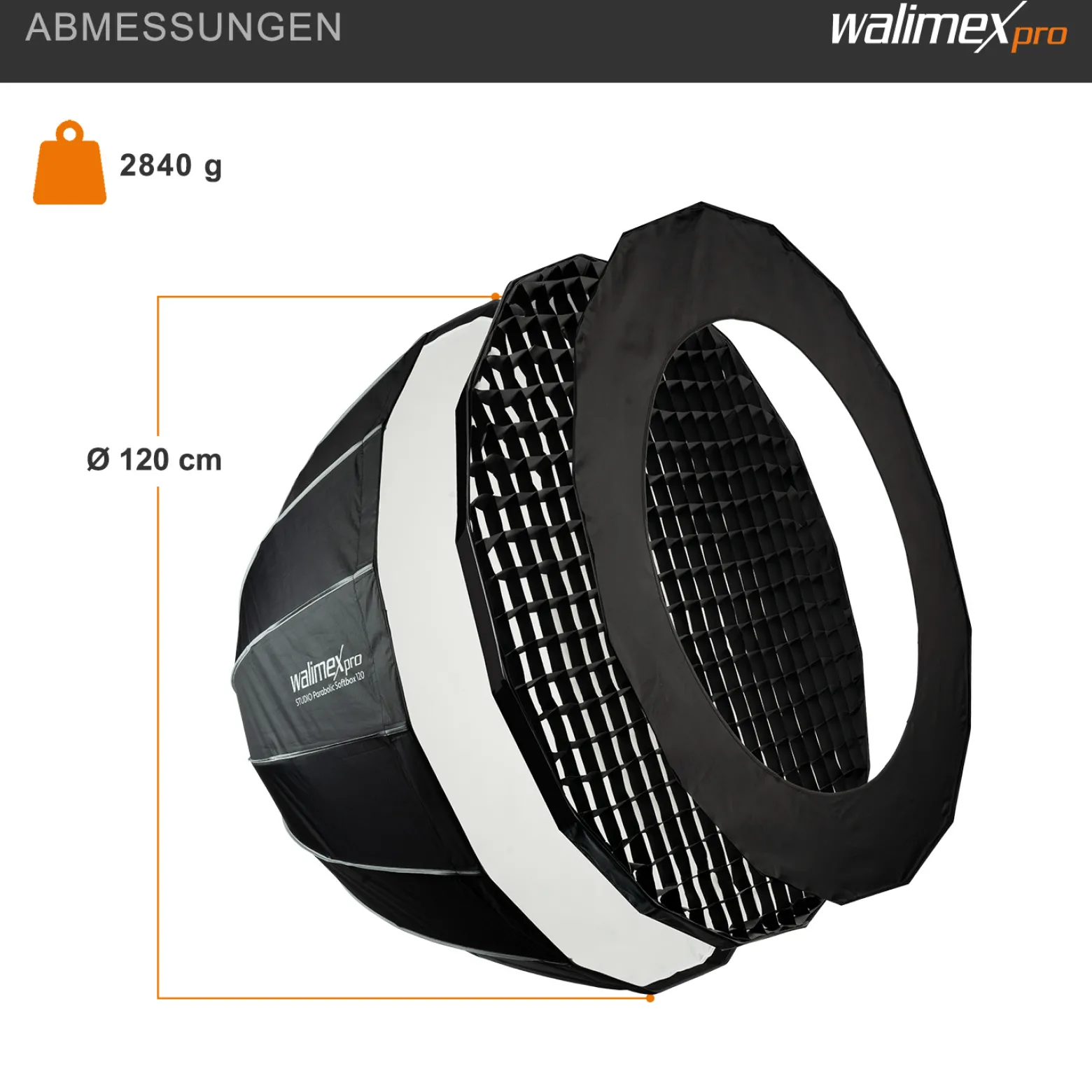 Walimex pro Studio Parabolic Softbox 120cm + Softboxadapter für Hensel Expert, um 360° drehbar, einfacher Aufbau dank Schirmfunktion, inkl. Grid, Maske, Bowens Adapter und Transporttasche