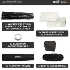 Walimex pro Studio Parabolic Softbox 120cm + Elinchrom Adapter 15,2cm, 360°, Schirmfunktion, inkl. Grid, Maske, Bowens Adapter und Transporttasche, ideal für Porträts und Beauty-Aufnahmen
