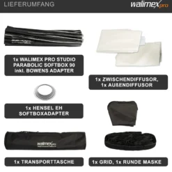 Walimex pro Studio Parabolic Softbox 90cm + Softboxadapter für Hensel Expert, um 360° drehbar, einfacher Aufbau dank Schirmfunktion, inkl. Grid, Maske, Bowens Adapter und Transporttasche