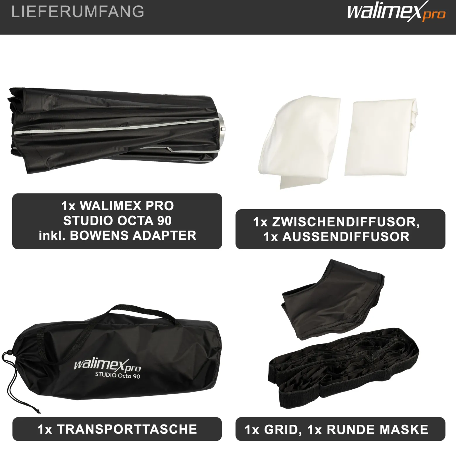 Walimex pro Studio Softbox Octagon 90cm, um 360° drehbar, einfacher Aufbau, inkl. Grid, Maske, Bowens Adapter und Transporttasche, ideal für Porträts und Beauty-Aufnahmen