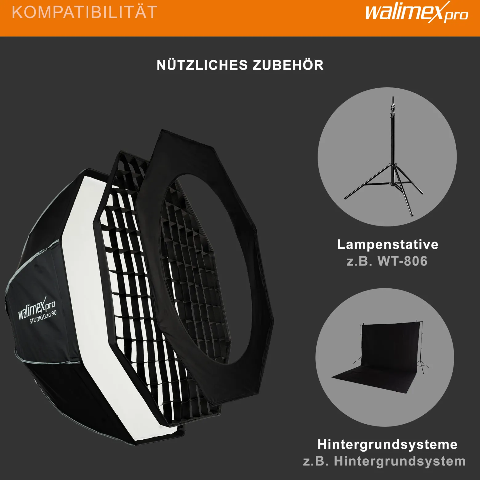 Walimex pro Studio Softbox Octagon 90cm, um 360° drehbar, einfacher Aufbau, inkl. Grid, Maske, Bowens Adapter und Transporttasche, ideal für Porträts und Beauty-Aufnahmen