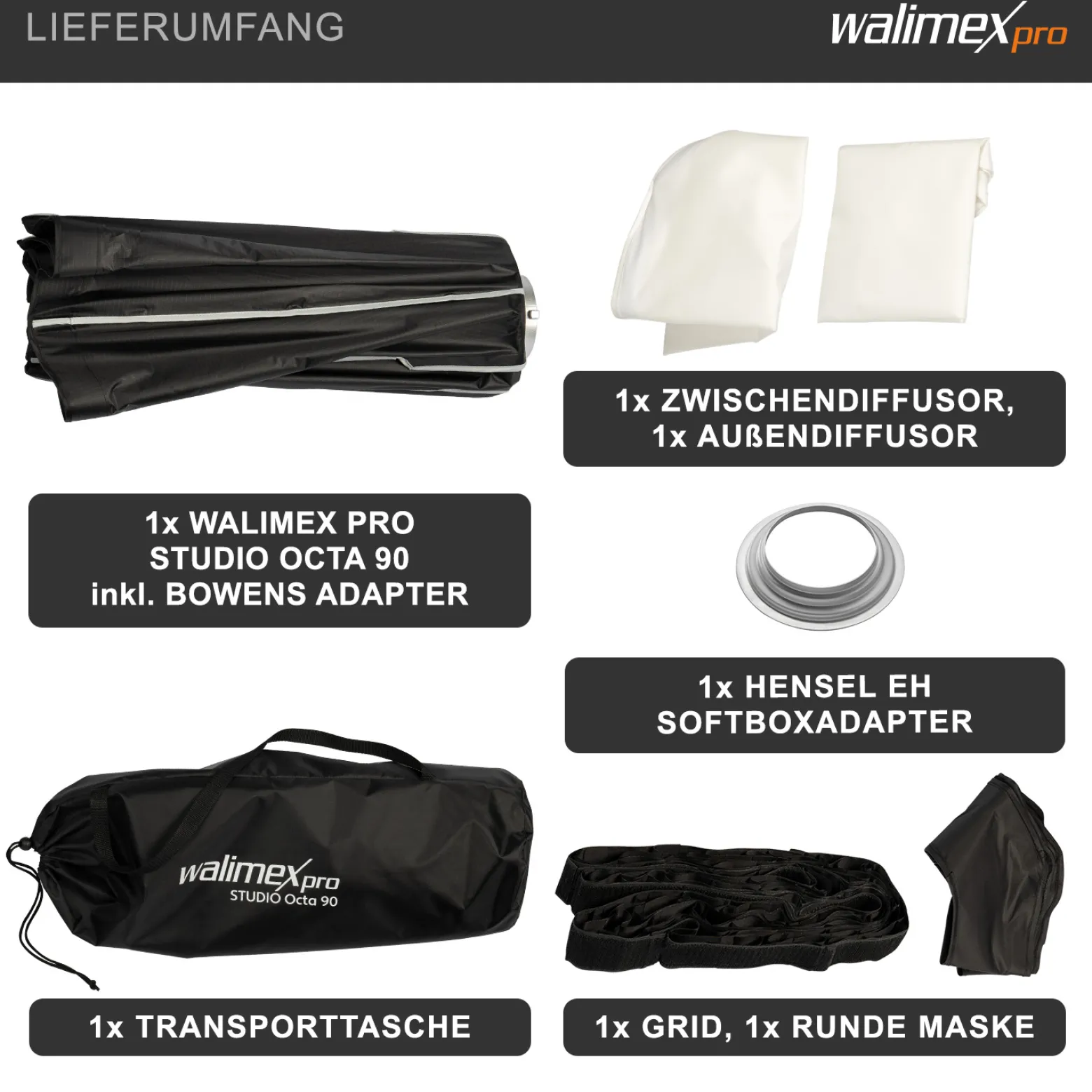 Walimex pro Studio Softbox Octagon 90cm + Softboxadapter für Hensel Expert, um 360° drehbar, inkl. Grid, Maske, Bowens Adapter und Transporttasche, ideal für Porträts und Beauty-Aufnahmen