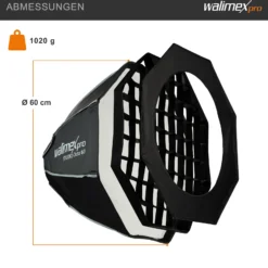 Walimex pro Studio Softbox Octagon 60cm, um 360° drehbar, einfacher Aufbau, inkl. Grid, Maske, Bowens Adapter und Transporttasche, ideal für Porträts und Beauty-Aufnahmen