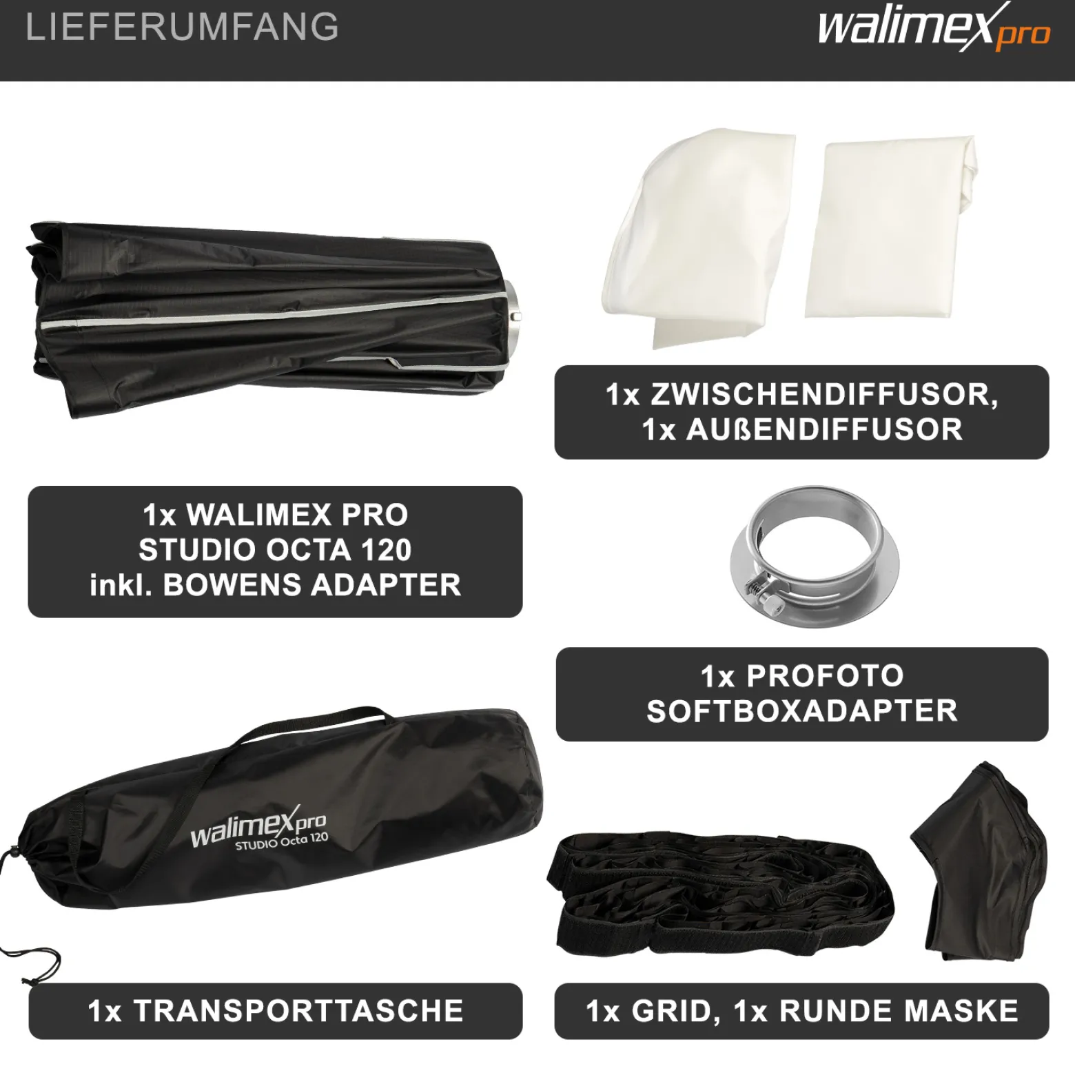 Walimex pro Studio Softbox Octagon 120cm + Softboxadapter für Profoto (Außendurchmesser: 15,2 cm), um 360° drehbar, einfacher Aufbau, inkl. Grid, Maske, Bowens Adapter und Transporttasche