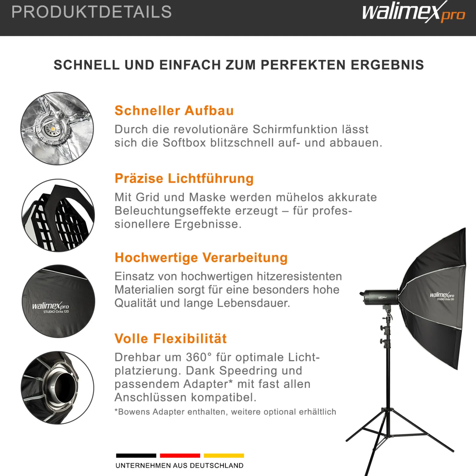 Walimex pro Studio Softbox Octagon 120cm + Softboxadapter für Profoto (Außendurchmesser: 15,2 cm), um 360° drehbar, einfacher Aufbau, inkl. Grid, Maske, Bowens Adapter und Transporttasche