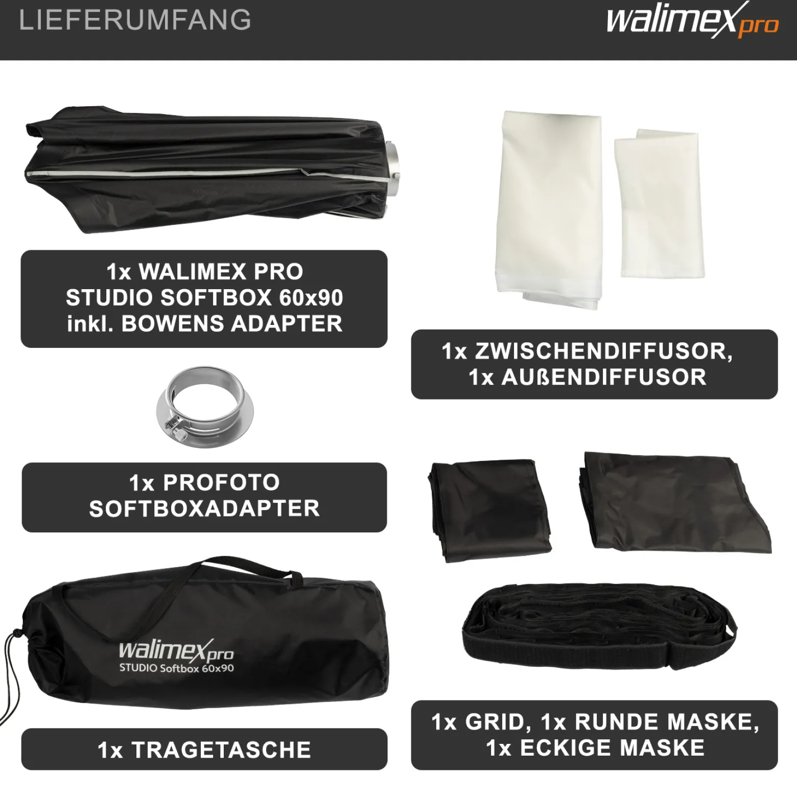 Walimex pro Studio Softbox Octagon 90cm + Profoto Adapter 15,2cm, 360°, einfacher Aufbau, inkl. Grid, Maske, Bowens Adapter und Transporttasche, ideal für Porträts und Beauty-Aufnahmen