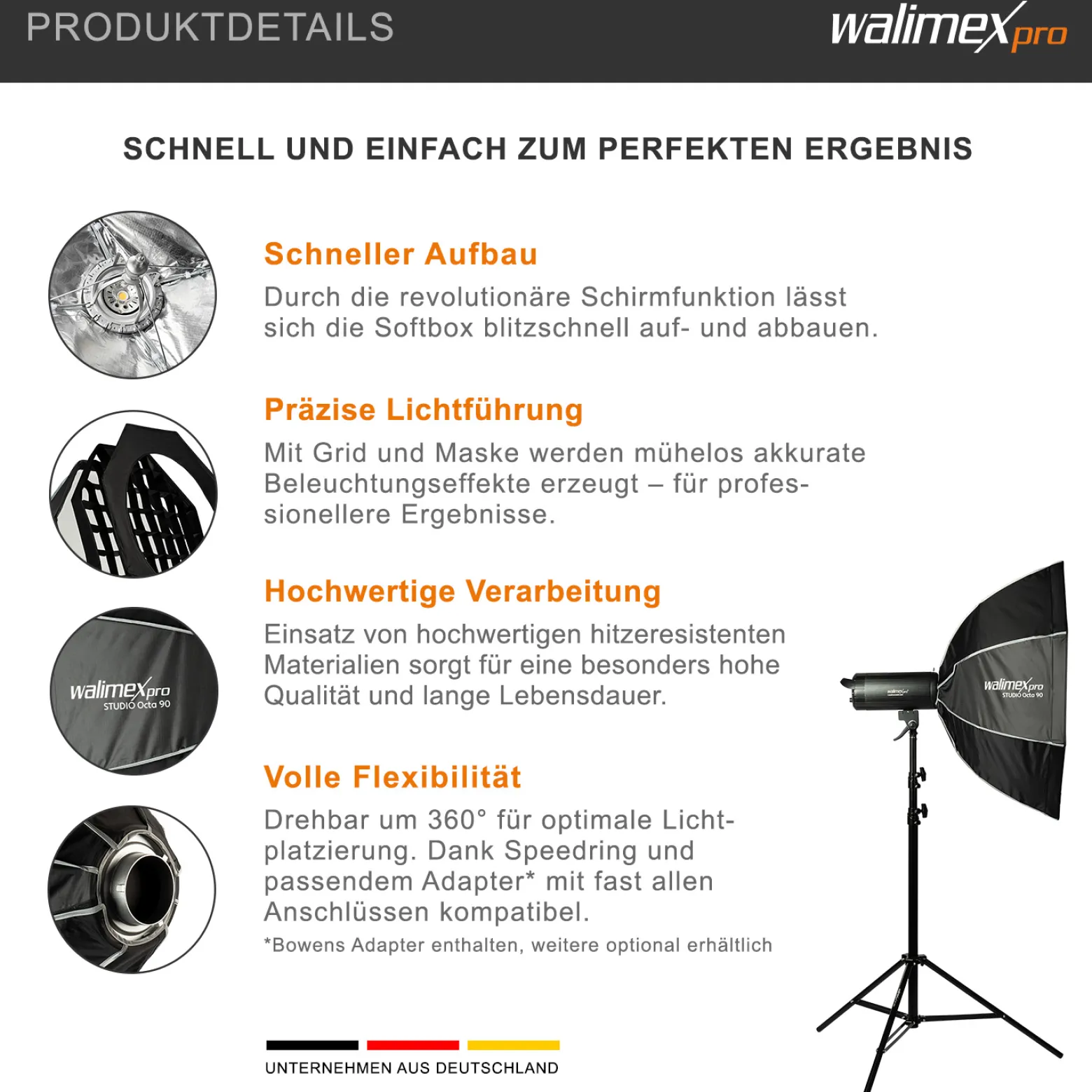 Walimex pro Studio Softbox Octagon 90cm + Softboxadapter für Elinchrom (Außendurchmesser: 15,2 cm), um 360° drehbar, einfacher Aufbau, inkl. Grid, Maske, Bowens Adapter und Transporttasche
