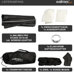 Walimex pro Studio Softbox Octagon 90cm + Softboxadapter für Elinchrom (Außendurchmesser: 15,2 cm), um 360° drehbar, einfacher Aufbau, inkl. Grid, Maske, Bowens Adapter und Transporttasche