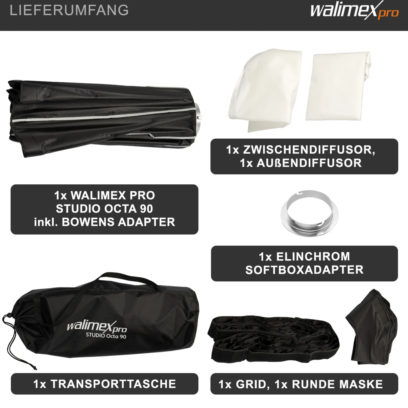 Walimex pro Studio Softbox Octagon 90cm + Softboxadapter für Elinchrom (Außendurchmesser: 15,2 cm), um 360° drehbar, einfacher Aufbau, inkl. Grid, Maske, Bowens Adapter und Transporttasche
