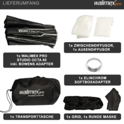 Walimex pro Studio Softbox Octagon 60cm + Softboxadapter für Elinchrom (Außendurchmesser: 15,2 cm), um 360° drehbar, einfacher Aufbau, inkl. Grid, Maske, Bowens Adapter und Transporttasche