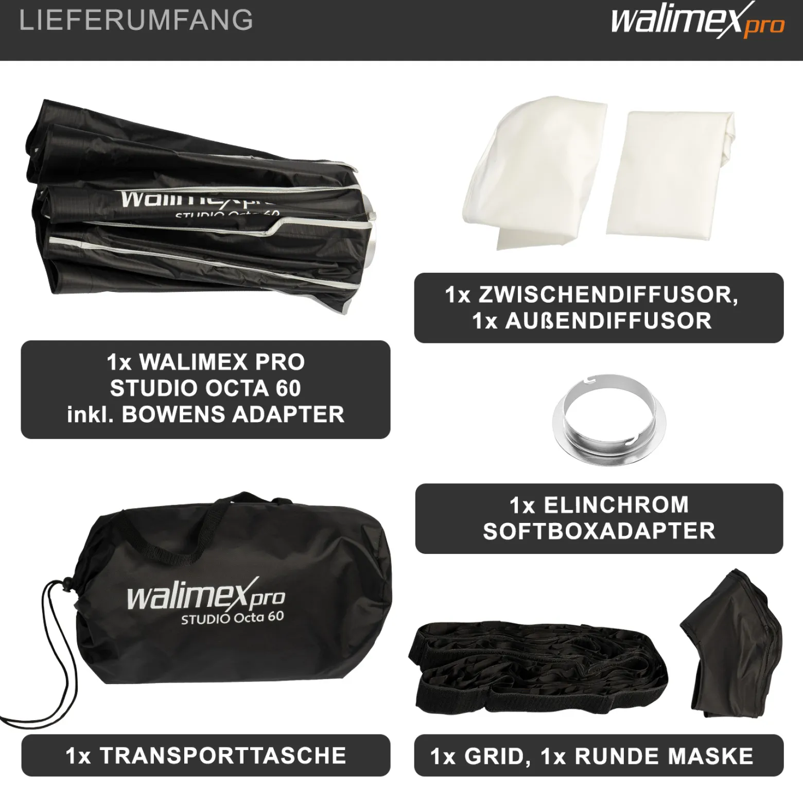Walimex pro Studio Softbox Octagon 60cm + Softboxadapter für Elinchrom (Außendurchmesser: 15,2 cm), um 360° drehbar, einfacher Aufbau, inkl. Grid, Maske, Bowens Adapter und Transporttasche