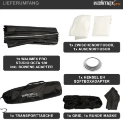 Walimex pro Studio Softbox Octagon 120cm + Softboxadapter für Hensel Expert, um 360° drehbar, inkl. Grid, Maske, Bowens Adapter und Transporttasche, ideal für Porträts und Beauty-Aufnahmen