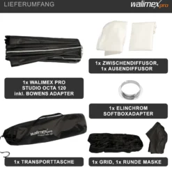 Walimex pro Studio Softbox Octagon 120cm + Elinchrom Adapter 15,2cm, 360°, einfacher Aufbau, inkl. Grid, Maske, Bowens Adapter und Transporttasche, ideal für Porträts und Beauty-Aufnahmen