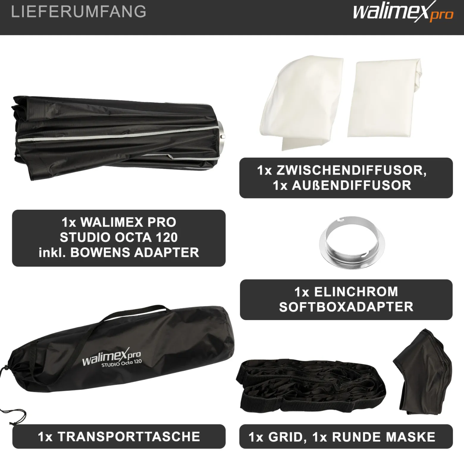 Walimex pro Studio Softbox Octagon 120cm + Elinchrom Adapter 15,2cm, 360°, einfacher Aufbau, inkl. Grid, Maske, Bowens Adapter und Transporttasche, ideal für Porträts und Beauty-Aufnahmen