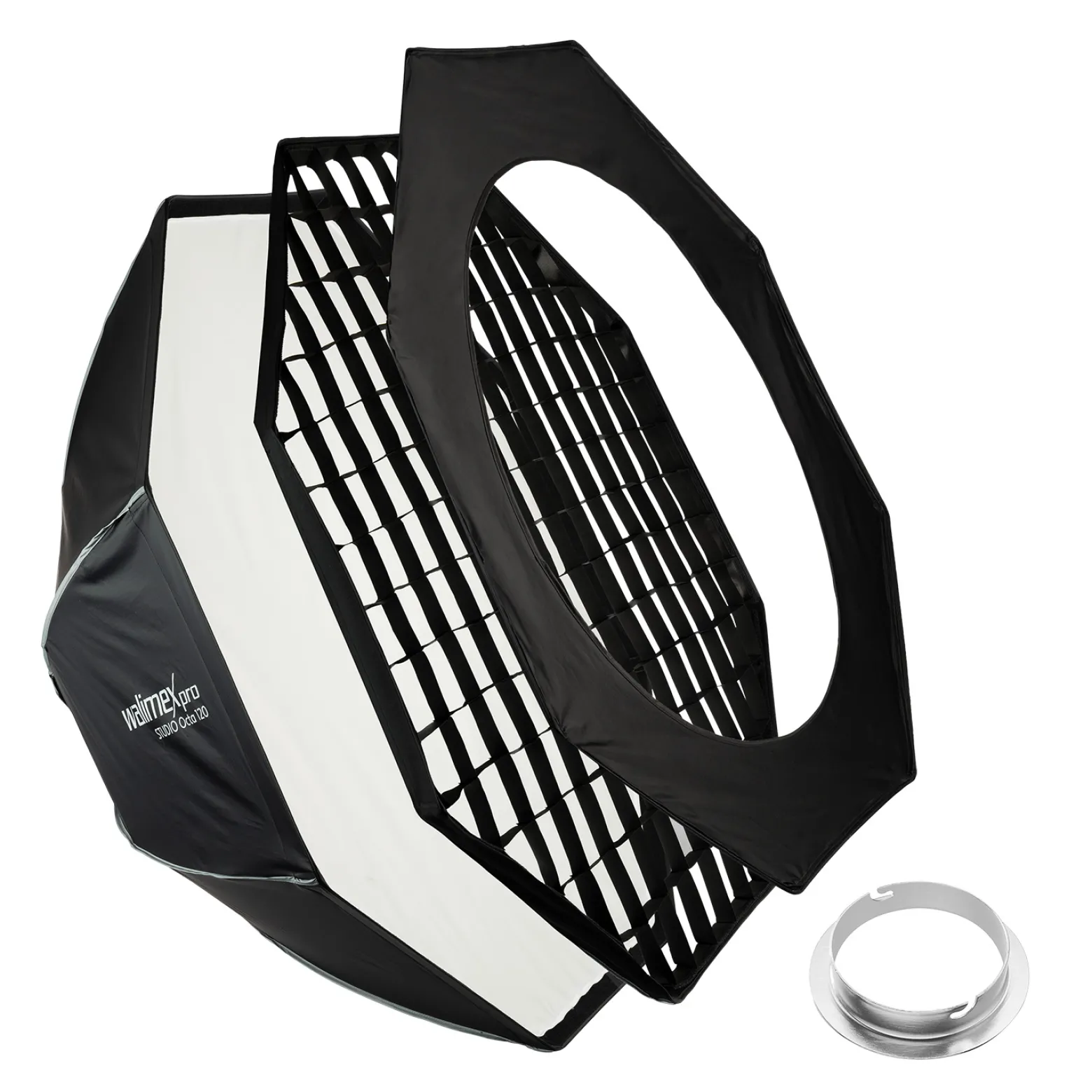 Walimex pro Studio Softbox Octagon 120cm + Elinchrom Adapter 15,2cm, 360°, einfacher Aufbau, inkl. Grid, Maske, Bowens Adapter und Transporttasche, ideal für Porträts und Beauty-Aufnahmen