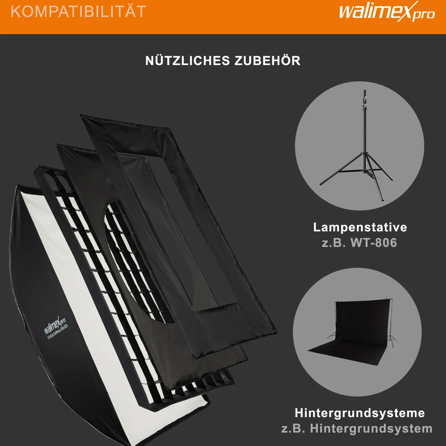 Walimex pro Studio Softbox 80x120cm, um 360° drehbar, einfacher Aufbau dank Schirmfunktion, inkl. Grid, Masken, Bowens Adapter und Transporttasche, ideal für Produkt- und Peoplefotografie