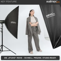 Walimex pro Studio Softbox 80x120cm, um 360° drehbar, einfacher Aufbau dank Schirmfunktion, inkl. Grid, Masken, Bowens Adapter und Transporttasche, ideal für Produkt- und Peoplefotografie