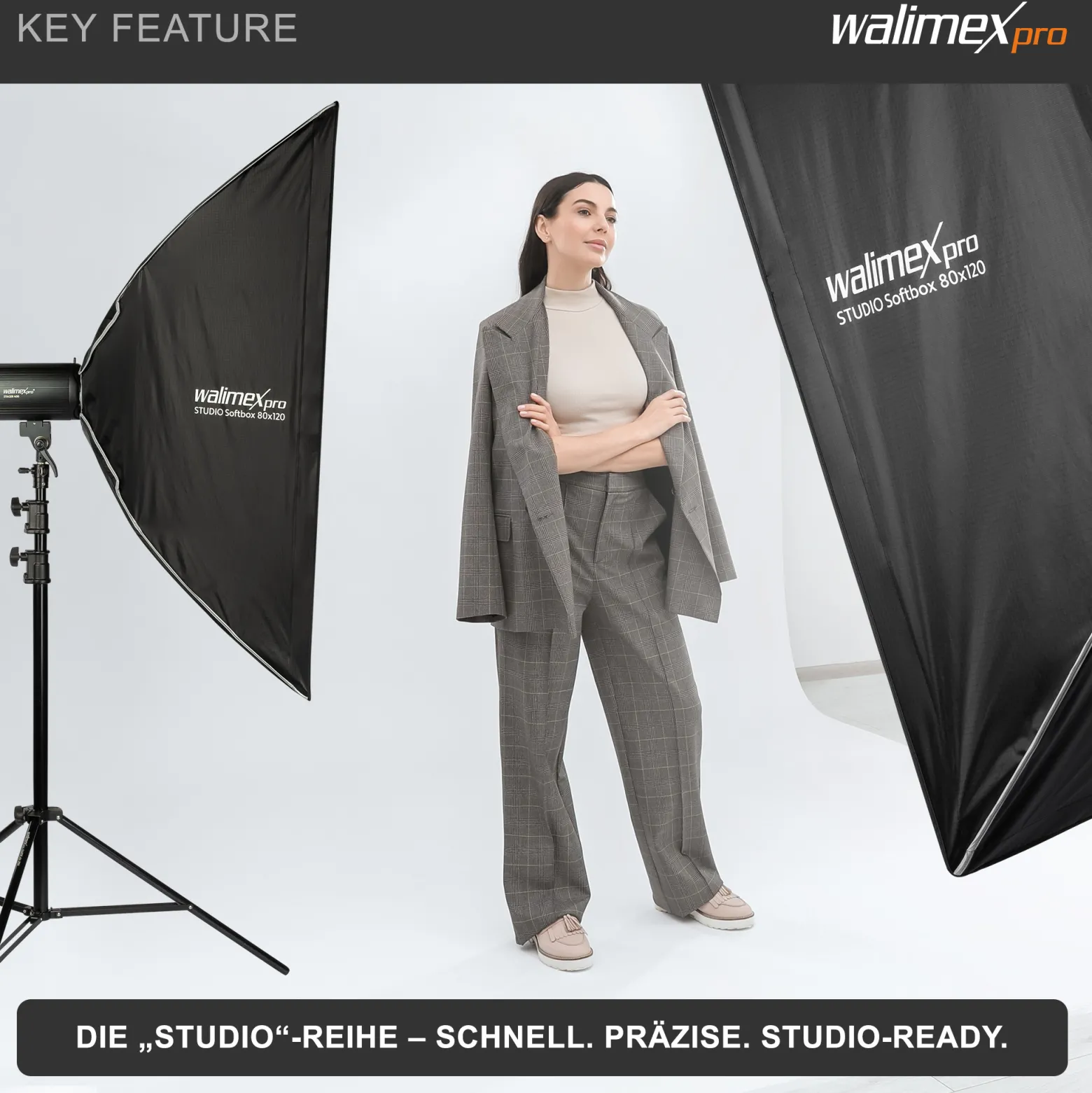 Walimex pro Studio Softbox 80x120cm, um 360° drehbar, einfacher Aufbau dank Schirmfunktion, inkl. Grid, Masken, Bowens Adapter und Transporttasche, ideal für Produkt- und Peoplefotografie