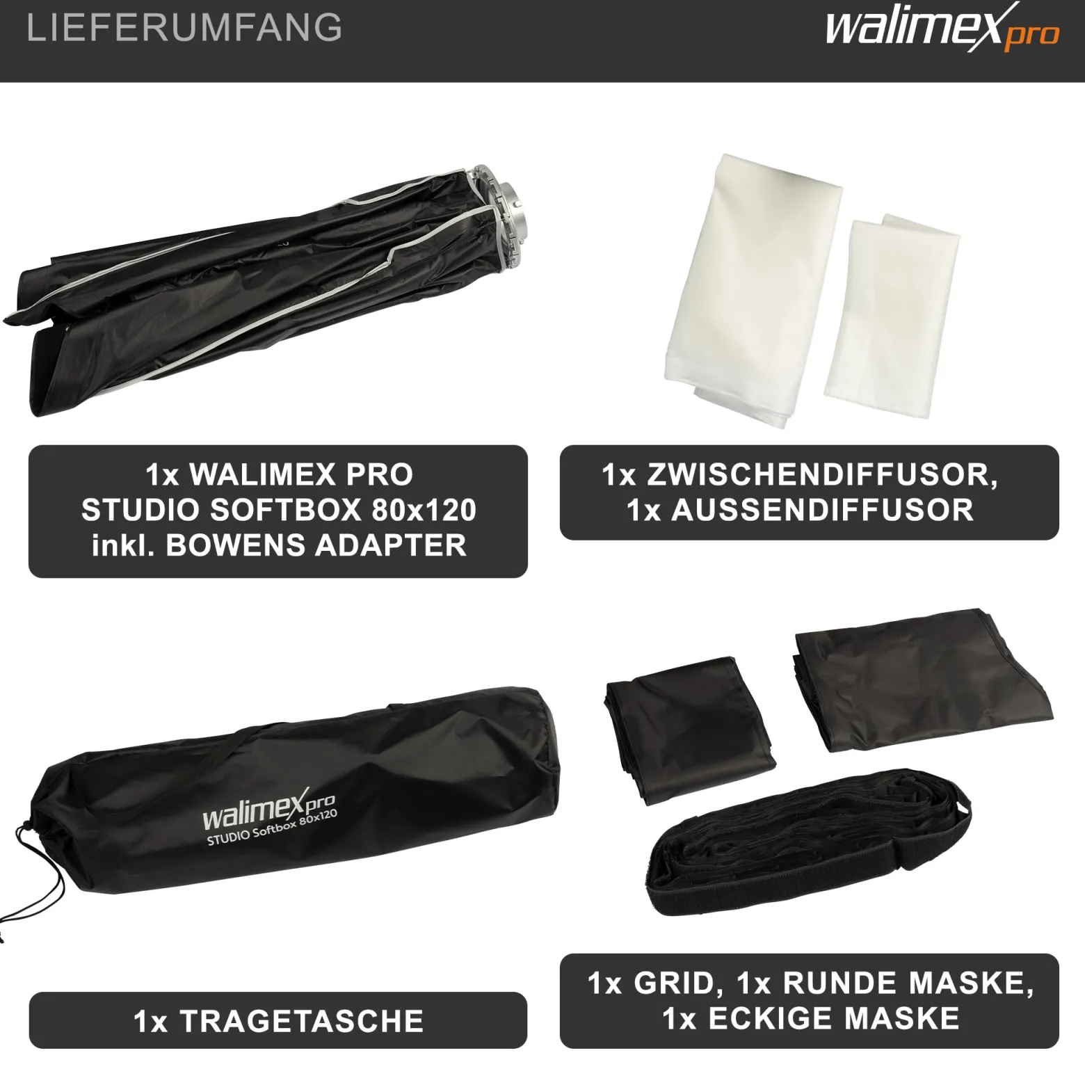 Walimex pro Studio Softbox 80x120cm, um 360° drehbar, einfacher Aufbau dank Schirmfunktion, inkl. Grid, Masken, Bowens Adapter und Transporttasche, ideal für Produkt- und Peoplefotografie