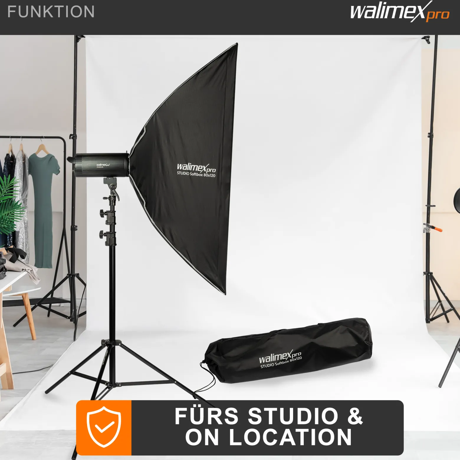 Walimex pro Studio Softbox 80x120cm, um 360° drehbar, einfacher Aufbau dank Schirmfunktion, inkl. Grid, Masken, Bowens Adapter und Transporttasche, ideal für Produkt- und Peoplefotografie