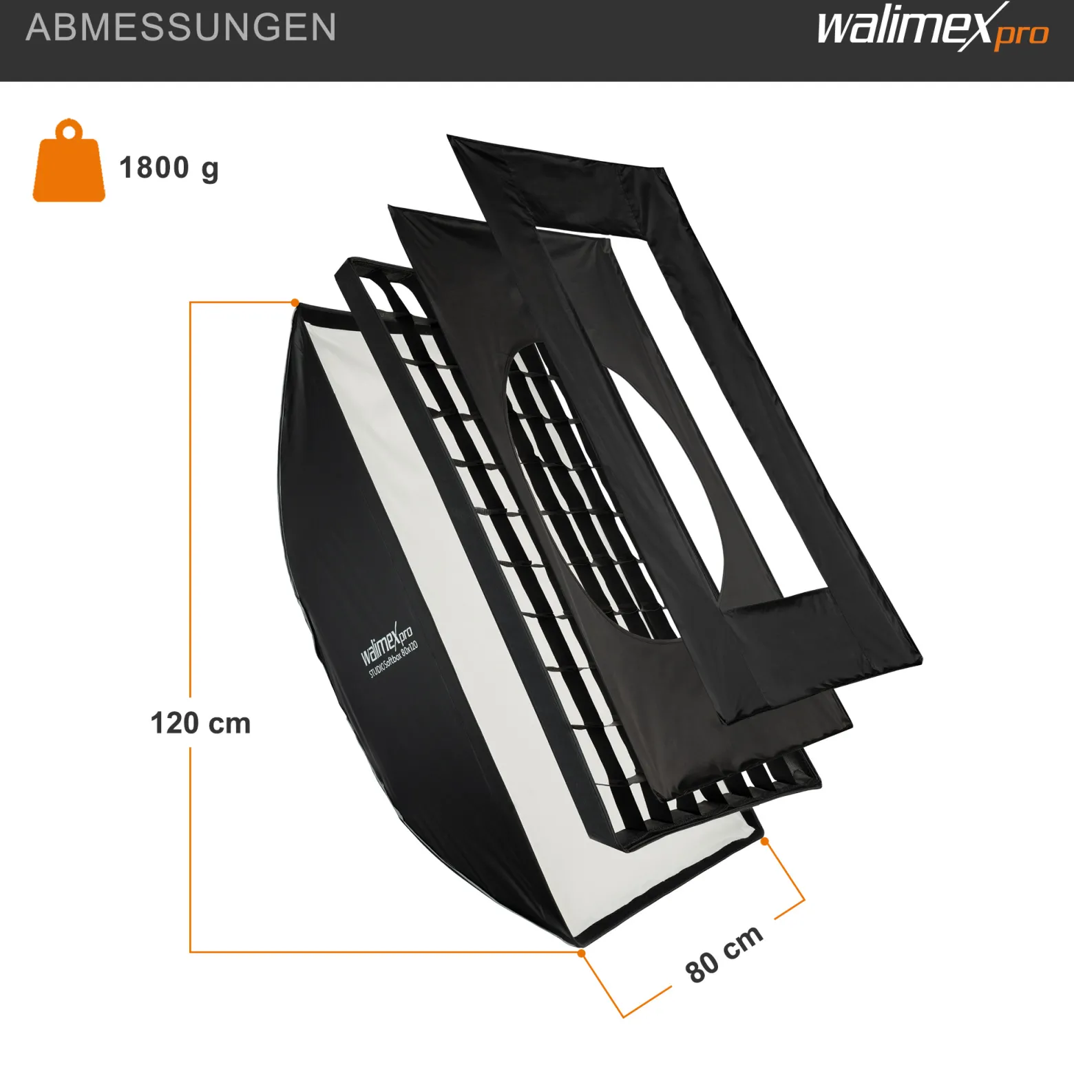 Walimex pro Studio Softbox 80x120cm, um 360° drehbar, einfacher Aufbau dank Schirmfunktion, inkl. Grid, Masken, Bowens Adapter und Transporttasche, ideal für Produkt- und Peoplefotografie