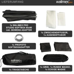 Walimex pro Studio Softbox 60x90cm + Profoto Adapter 15,2cm, 360°, Schirmfunktion, inkl. Grid, Masken, Bowens Adapter und Transporttasche, ideal für Produkt- und Peoplefotografie