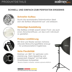 Walimex pro Studio Softbox 60x90cm + Profoto Adapter 15,2cm, 360°, Schirmfunktion, inkl. Grid, Masken, Bowens Adapter und Transporttasche, ideal für Produkt- und Peoplefotografie