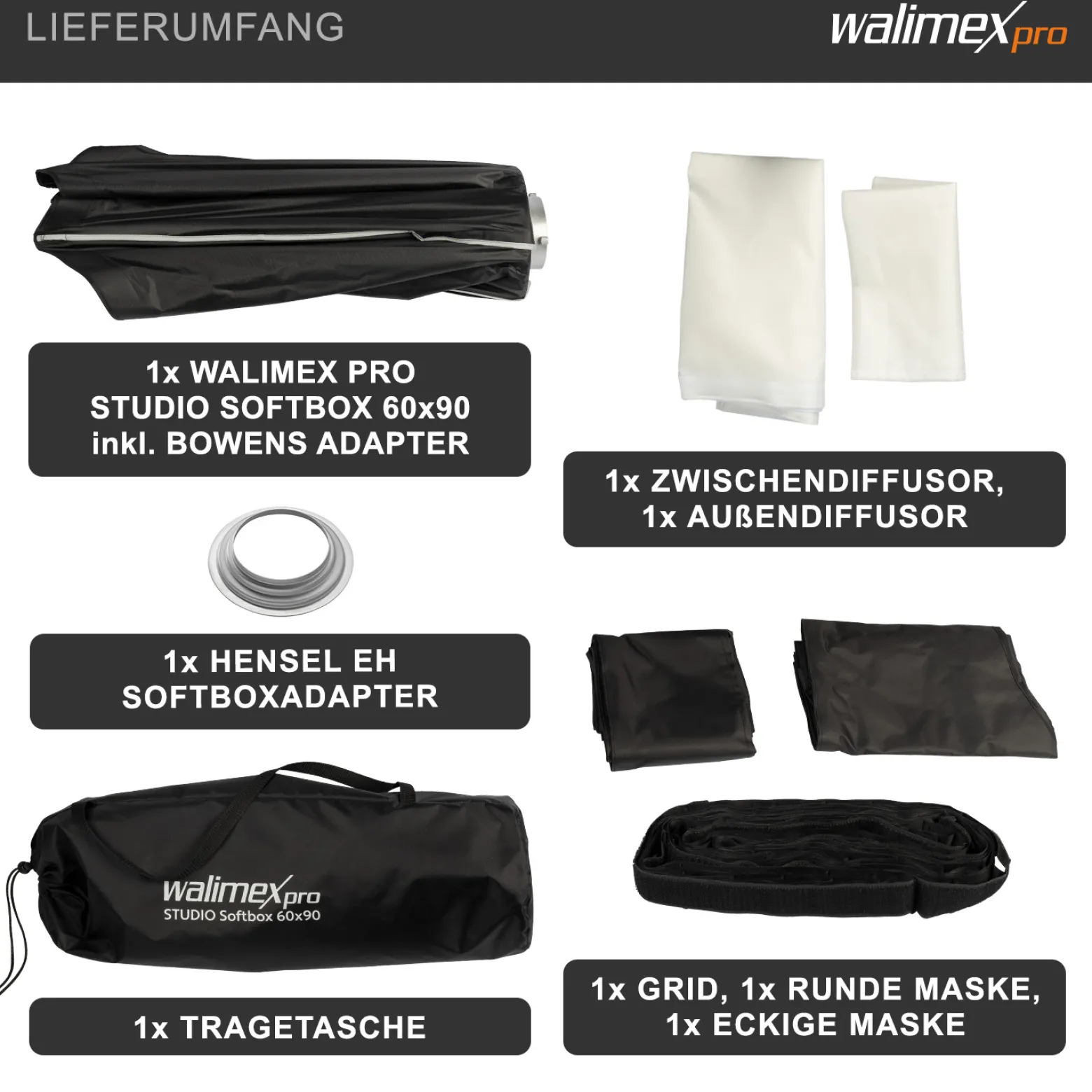 Walimex pro Studio Softbox 60x90cm + Hensel EH Adapter, 360°, Schirmfunktion, inkl. Grid, Masken, Bowens Adapter und Transporttasche, ideal für Produkt- und Peoplefotografie