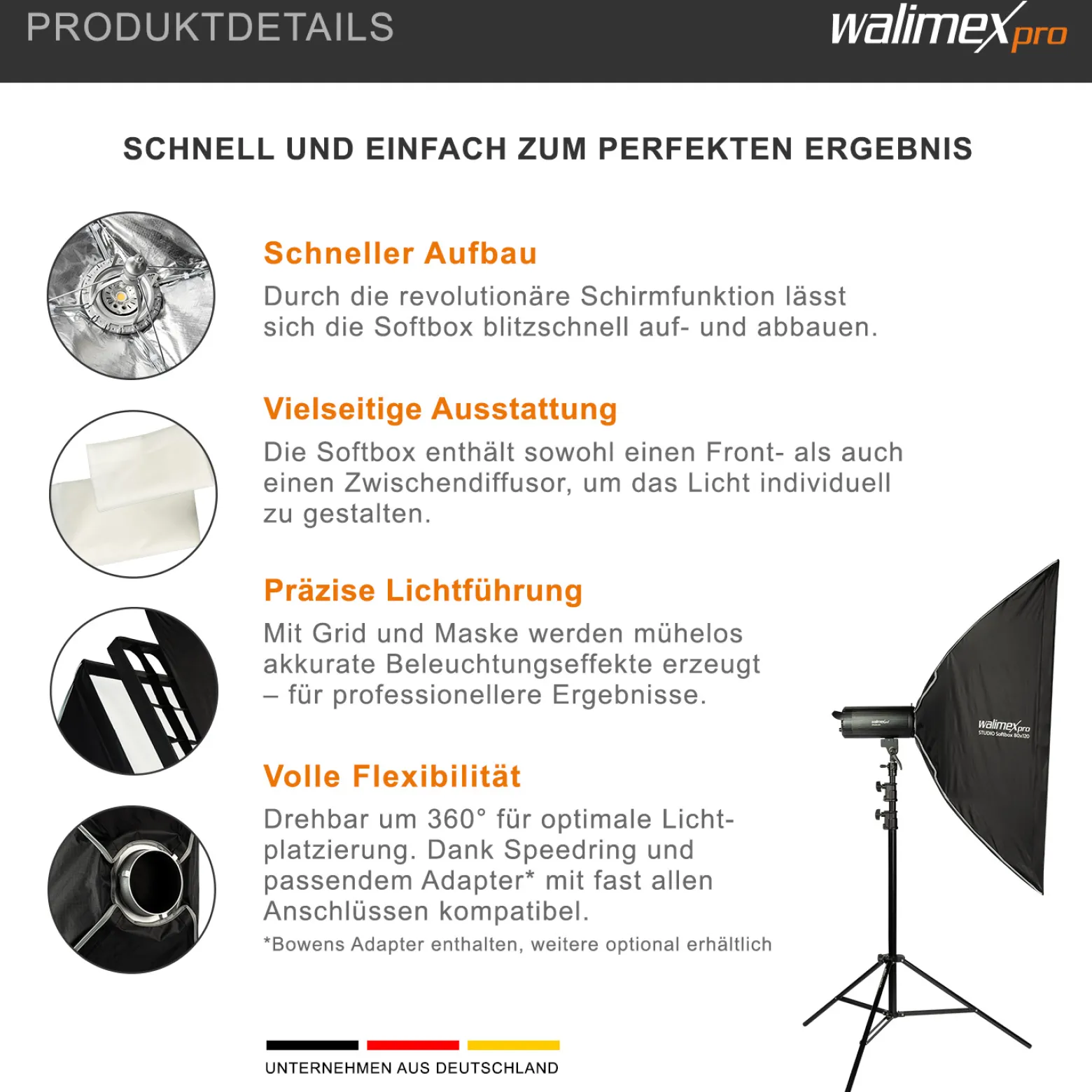 Walimex pro Studio Softbox 80x120cm + Softboxadapter für Profoto (Außendurchmesser: 15,2 cm), um 360° drehbar, einfacher Aufbau dank Schirmfunktion, inkl. Grid, Masken, Bowens Adapter, Transporttasche
