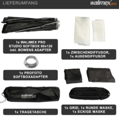 Walimex pro Studio Softbox 80x120cm + Softboxadapter für Profoto (Außendurchmesser: 15,2 cm), um 360° drehbar, einfacher Aufbau dank Schirmfunktion, inkl. Grid, Masken, Bowens Adapter, Transporttasche