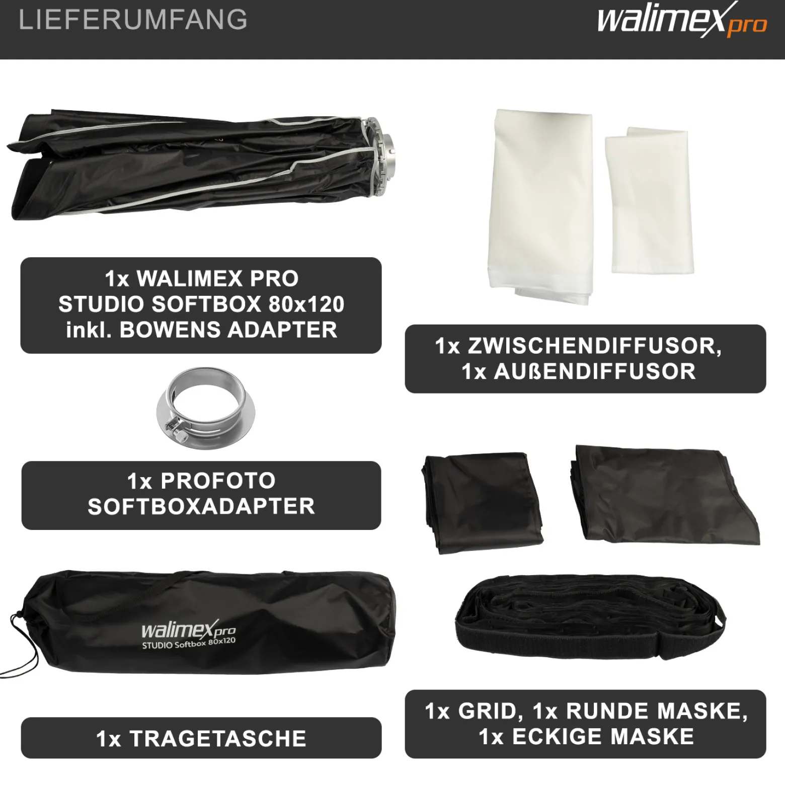 Walimex pro Studio Softbox 80x120cm + Softboxadapter für Profoto (Außendurchmesser: 15,2 cm), um 360° drehbar, einfacher Aufbau dank Schirmfunktion, inkl. Grid, Masken, Bowens Adapter, Transporttasche