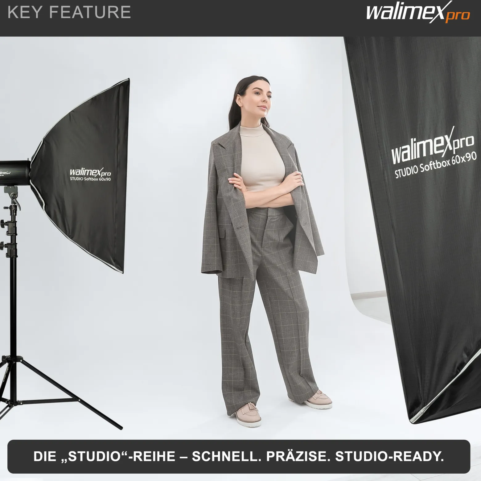Walimex pro Studio Softbox 60x90cm, um 360° drehbar, einfacher Aufbau dank Schirmfunktion, inkl. Grid, Masken, Bowens Adapter und Transporttasche, ideal für Produkt- und Peoplefotografie
