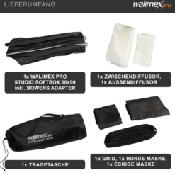 Walimex pro Studio Softbox 60x90cm, um 360° drehbar, einfacher Aufbau dank Schirmfunktion, inkl. Grid, Masken, Bowens Adapter und Transporttasche, ideal für Produkt- und Peoplefotografie