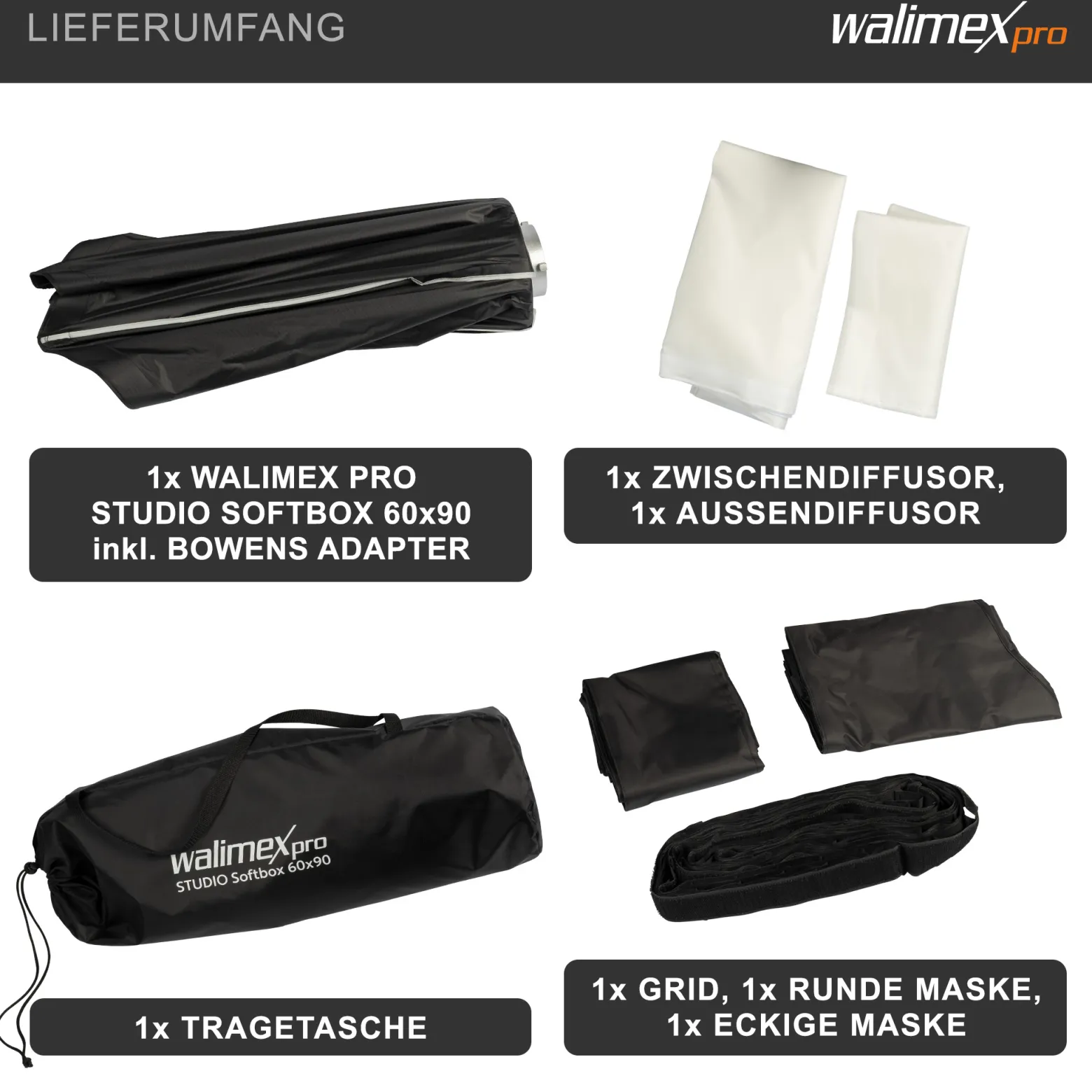 Walimex pro Studio Softbox 60x90cm, um 360° drehbar, einfacher Aufbau dank Schirmfunktion, inkl. Grid, Masken, Bowens Adapter und Transporttasche, ideal für Produkt- und Peoplefotografie