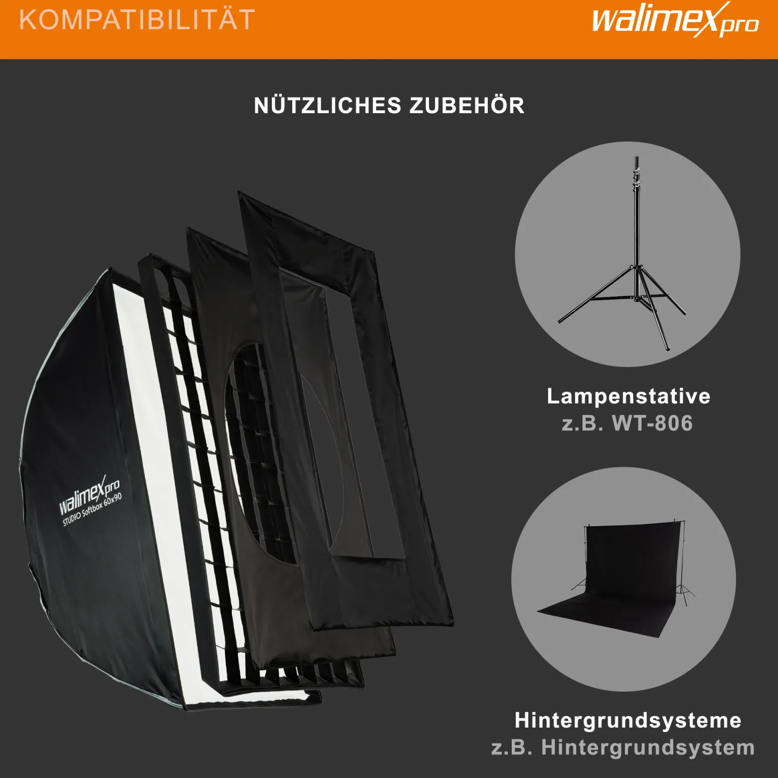 Walimex pro Studio Softbox 60x90cm, um 360° drehbar, einfacher Aufbau dank Schirmfunktion, inkl. Grid, Masken, Bowens Adapter und Transporttasche, ideal für Produkt- und Peoplefotografie