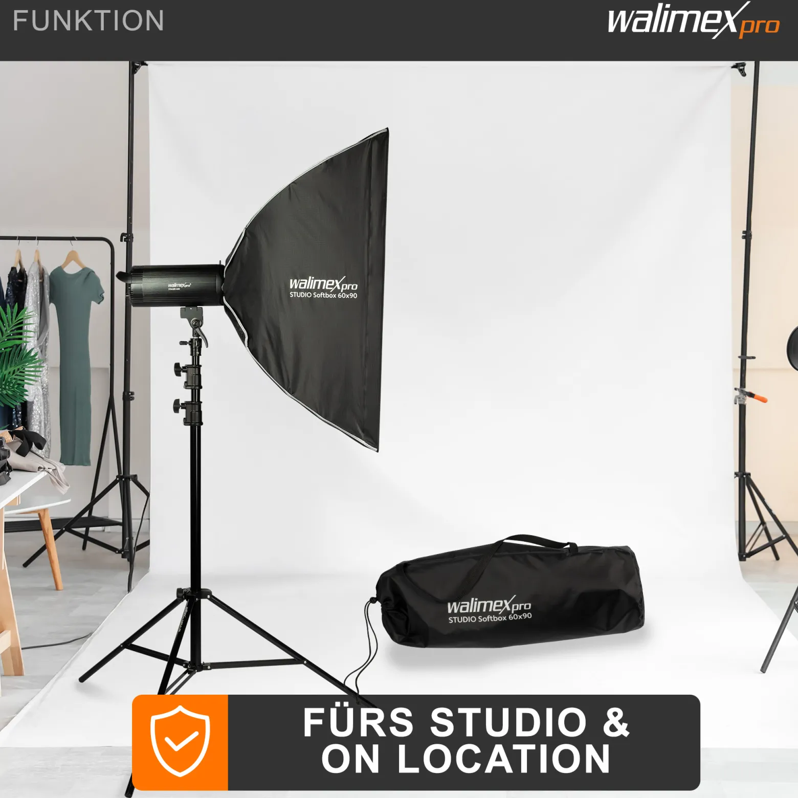 Walimex pro Studio Softbox 60x90cm, um 360° drehbar, einfacher Aufbau dank Schirmfunktion, inkl. Grid, Masken, Bowens Adapter und Transporttasche, ideal für Produkt- und Peoplefotografie