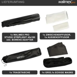 Walimex pro Studio Striplight Softbox 40x180cm, um 360° drehbar, Schirmfunktion, inkl. Grid, Maske, Bowens Adapter, Transporttasche, ideal für Produkt- und Peoplefotografie