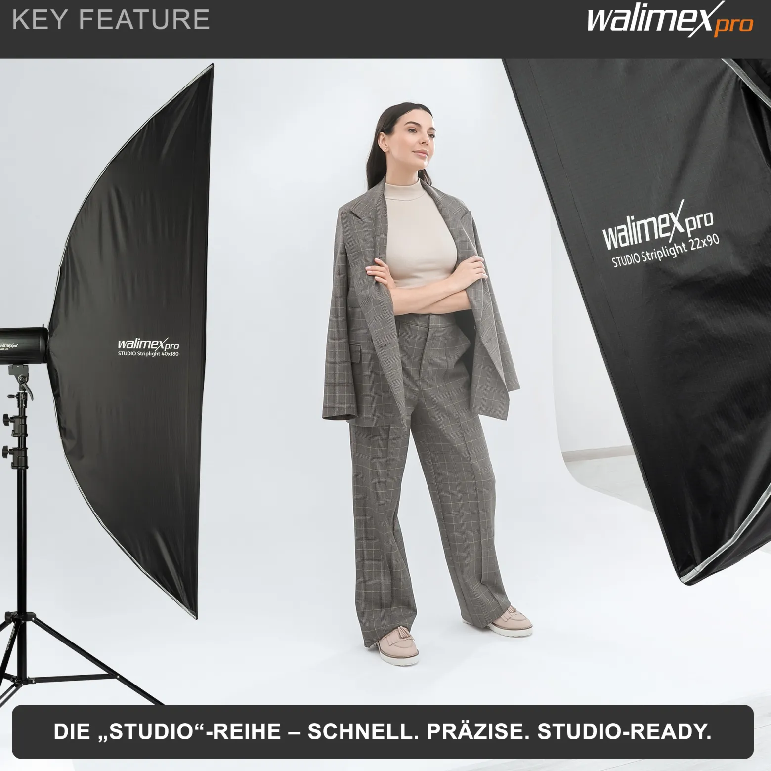 Walimex pro Studio Striplight Softbox 40x180cm, um 360° drehbar, Schirmfunktion, inkl. Grid, Maske, Bowens Adapter, Transporttasche, ideal für Produkt- und Peoplefotografie