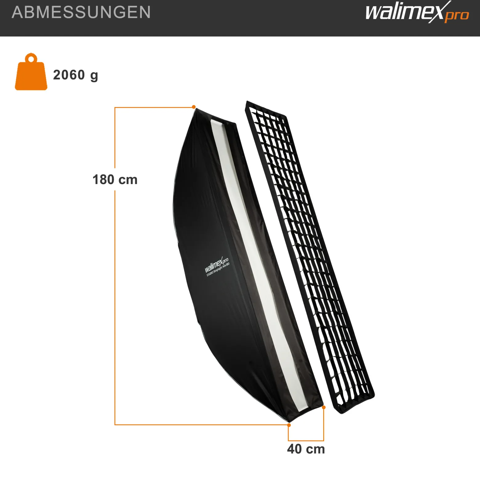 Walimex pro Studio Striplight Softbox 40x180cm, um 360° drehbar, Schirmfunktion, inkl. Grid, Maske, Bowens Adapter, Transporttasche, ideal für Produkt- und Peoplefotografie