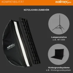 Walimex pro Studio Striplight Softbox 22 x 90 cm, Lichtformer um 360° drehbar, einfacher Aufbau dank Schirmfunktion, inkl. Grid, Maske, Bowens Adapter u. Tasche, ideal für Produkt- u. Peoplefotografie