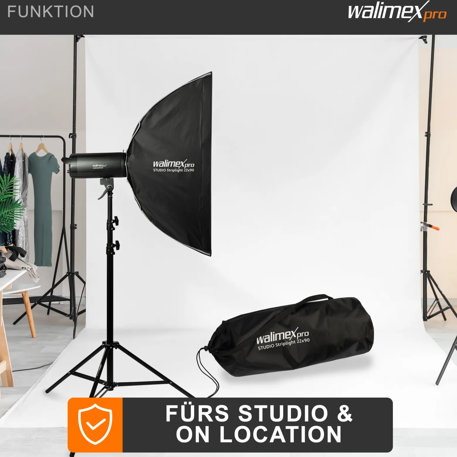 Walimex pro Studio Striplight Softbox 22 x 90 cm, Lichtformer um 360° drehbar, einfacher Aufbau dank Schirmfunktion, inkl. Grid, Maske, Bowens Adapter u. Tasche, ideal für Produkt- u. Peoplefotografie