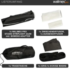 Walimex pro Studio Striplight Softbox 22 x 90 cm, Lichtformer um 360° drehbar, einfacher Aufbau dank Schirmfunktion, inkl. Grid, Maske, Bowens Adapter u. Tasche, ideal für Produkt- u. Peoplefotografie