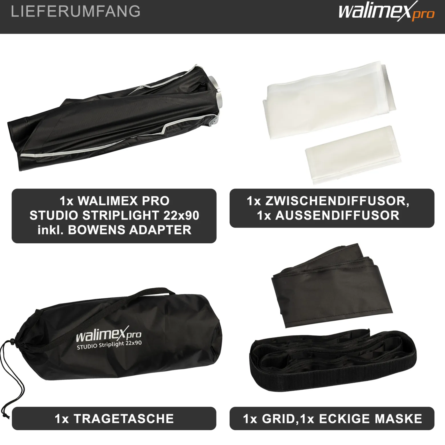 Walimex pro Studio Striplight Softbox 22 x 90 cm, Lichtformer um 360° drehbar, einfacher Aufbau dank Schirmfunktion, inkl. Grid, Maske, Bowens Adapter u. Tasche, ideal für Produkt- u. Peoplefotografie