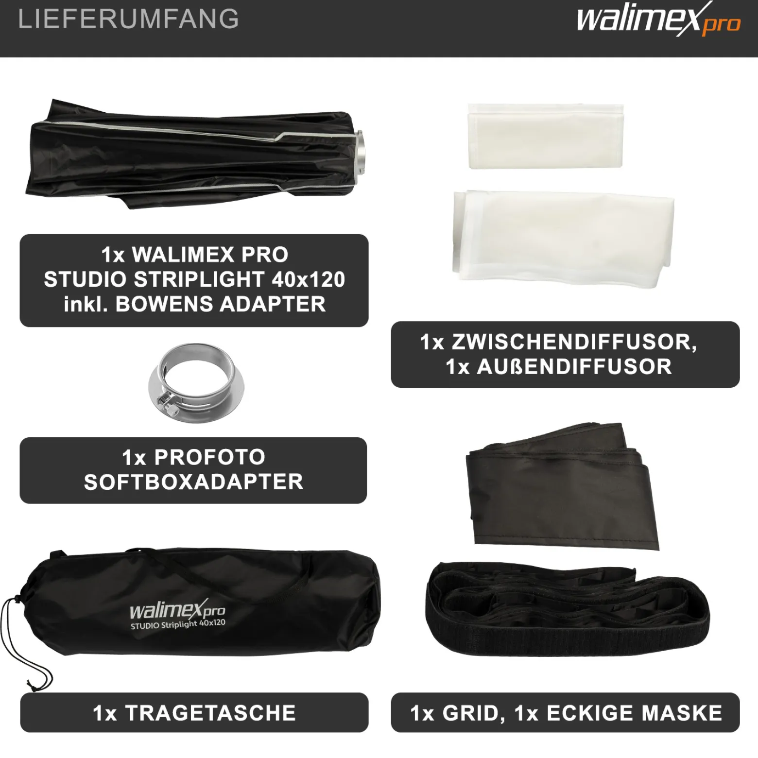 Walimex pro Studio Striplight Softbox 40 x 120 cm + Profoto Adapter 15,2 cm, Soft Box inkl. Diffusor, Lichtformer 360°, faltbar, schneller Aufbau, Bowens-Adapter für Studioblitz oder Studioleuchte
